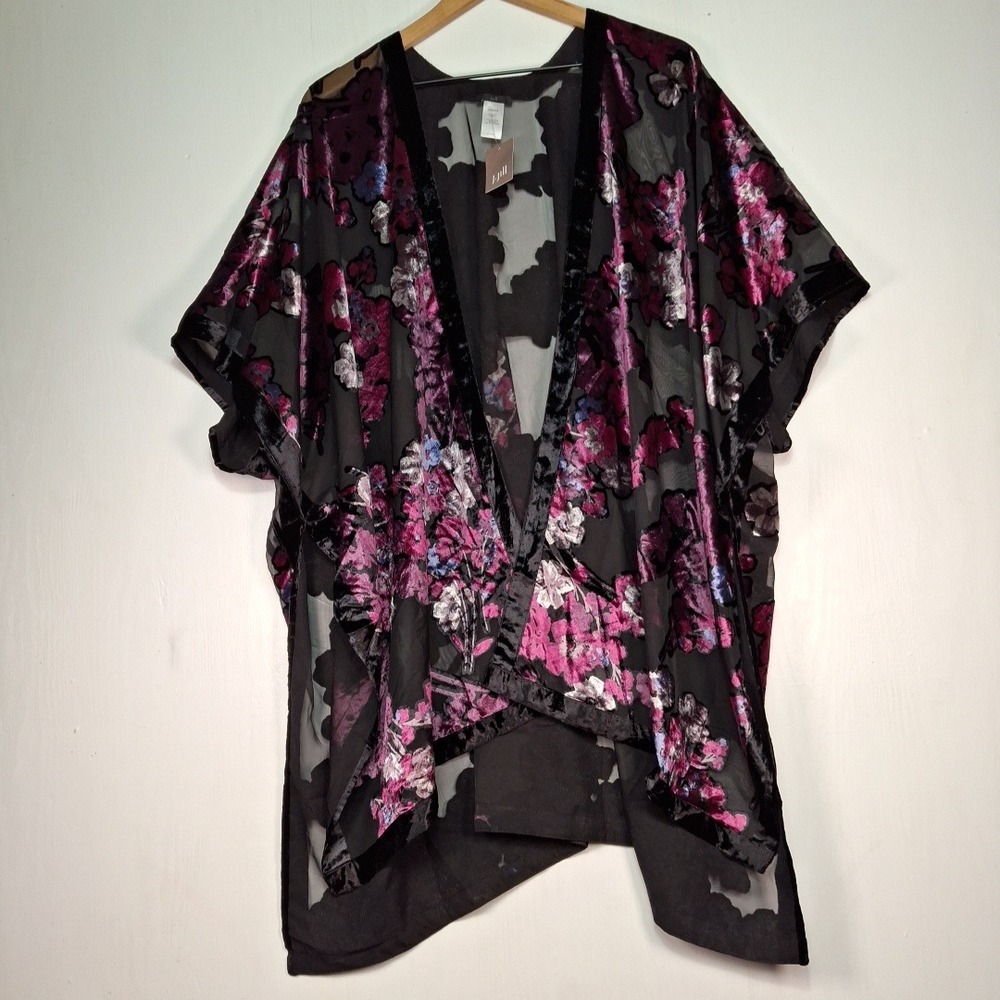 J. Jill Womens Floral Burnout Velvet Kimono Wrap Black Magenta Sheer One Size